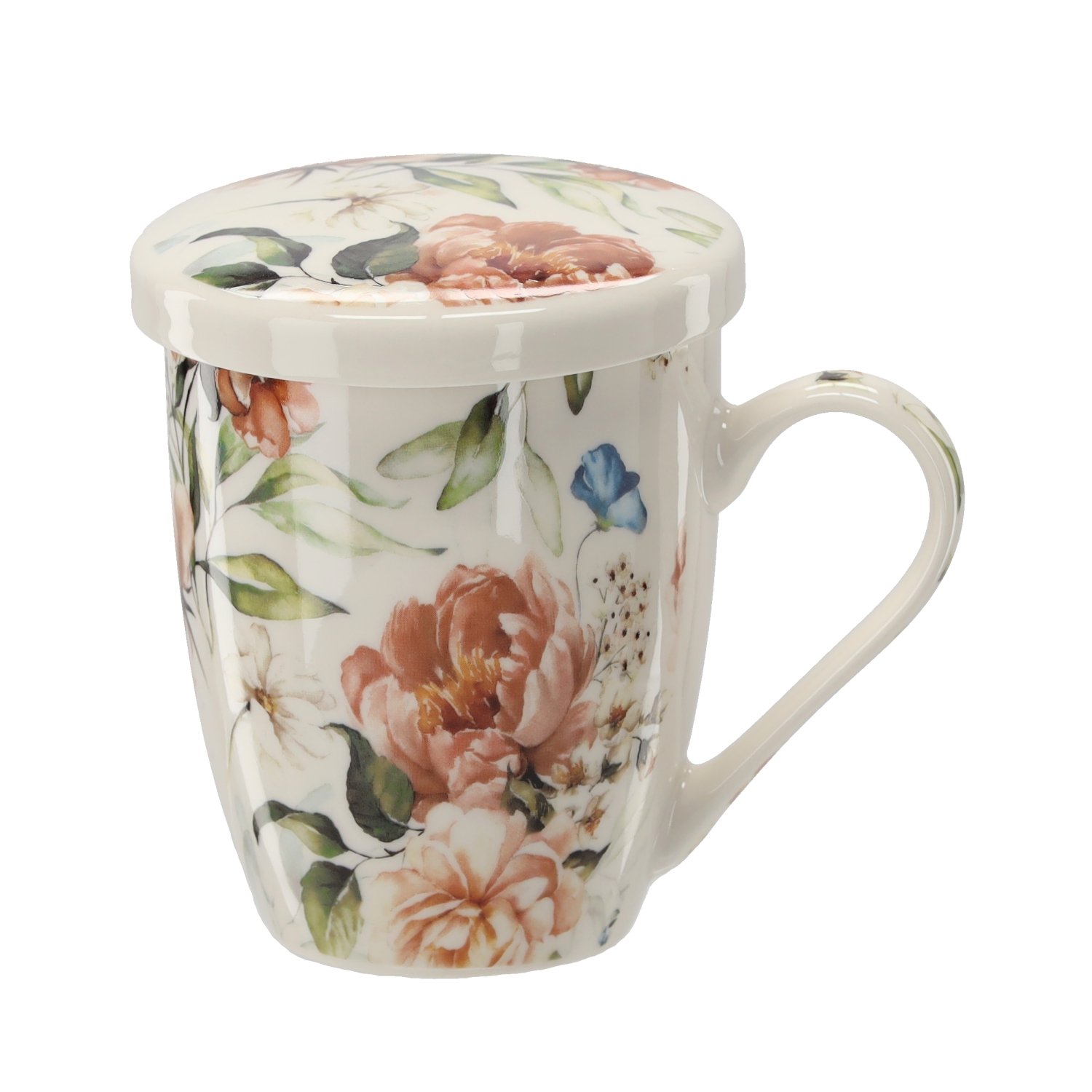 Porcelianinis puodelis su sieteliu ir dangteliu 340 ml – gėlių raštų mix - Image 4