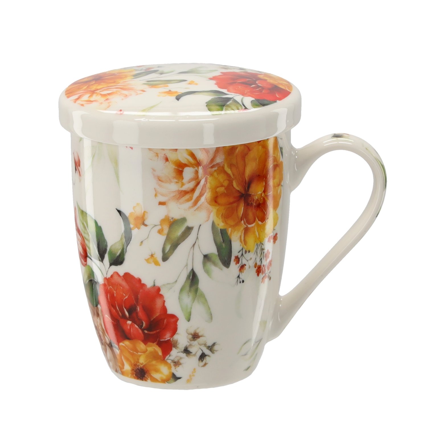 Porcelianinis puodelis su sieteliu ir dangteliu 340 ml – gėlių raštų mix - Image 6