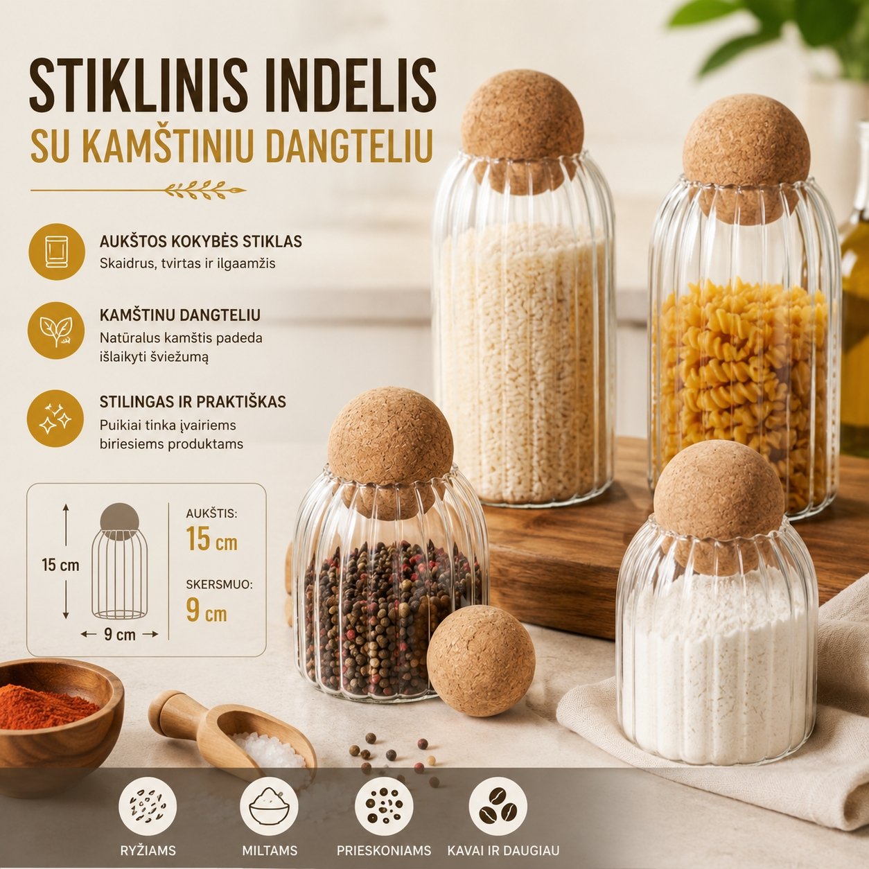 Stiklinis maisto saugojimo indas 15 CM.